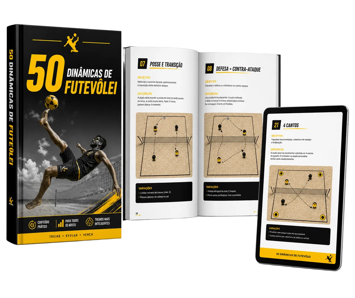 Mockup do livro digital 50 Dinâmicas de Futevôlei com páginas internas e tablet